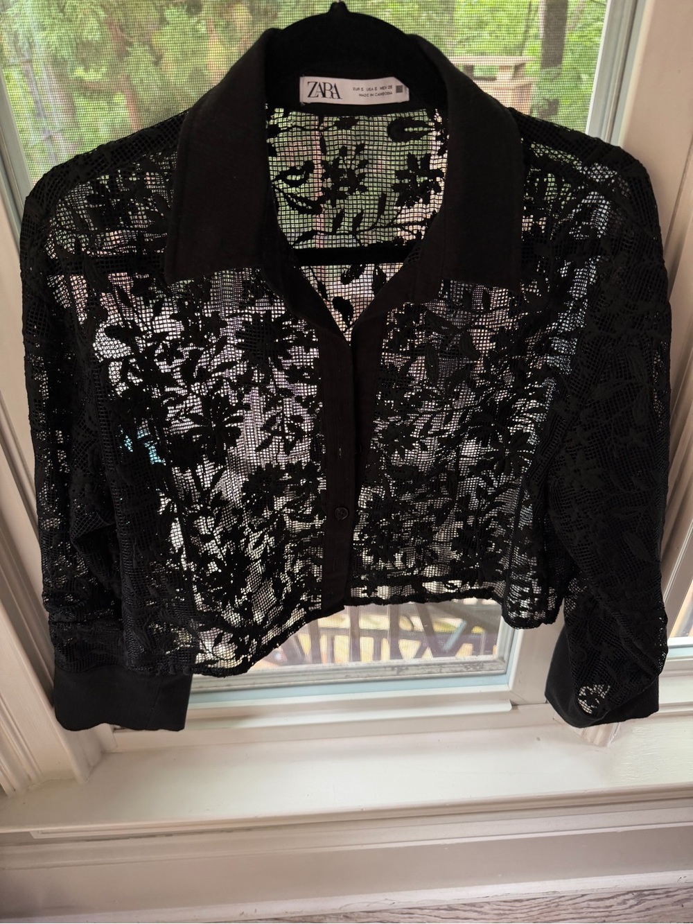 Zara Semi-Sheer Black Lace Button Down V-Neck Top, Size Small EUC